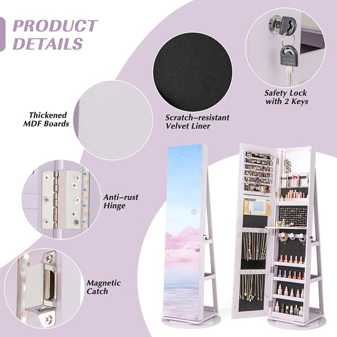 MAT EXPERT 360° Rotating Jewelry Armoire, Lockable Freestanding Jewelry Organizer w/Full-length Mirror, 3-Color LED Lights, Rear Storage Shelves, Mirror Jewelry Cabinet for Bedroom (Lavender)