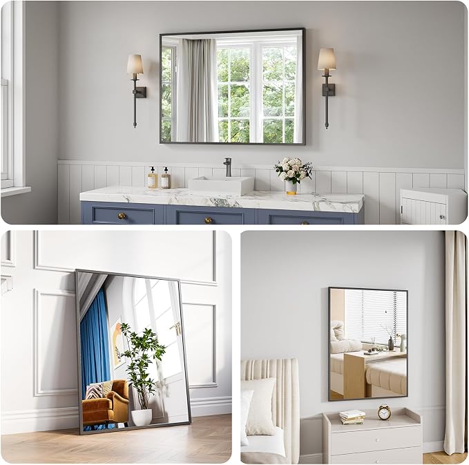 Koonmi Bathroom Mirror for Wall, 30"x40" Black Bathroom Mirror for Over Sink, Shatterproof Tempered Glass Vanity Mirror with Anti-Rust Aluminum Alloy Frame, Hang Horizontally or Vertically