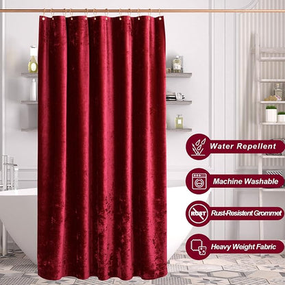 TAMGHO Crushed Velvet Shower Curtain, Marron Red, 72 x 72 | Luxury Crushed Velvet, Gold Decor Metal Hooks, Machine Washable, Thick Fabric