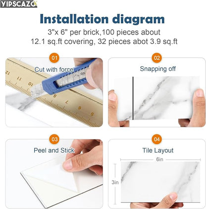 Yipscazo Peel and Stick backsplash 3 x 6 Inches 3D PVC Composite Wall Tile Stick on Backsplash Tile for Kitchen Bathroom, Laundry Room, Fireplace(Skin Marble White, 100 Pieces)