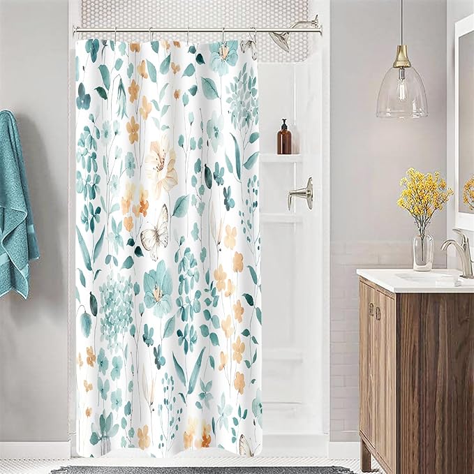 Small Stall Shower Curtain 36 x 72 Inch, Half Narrow Teal Floral Shower Curtains for Bathroom, Turquoise Watercolor Flower Butterfly Fabric Shower Curtain Set with Hooks