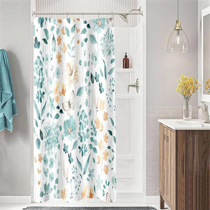 Small Stall Shower Curtain 36 x 72 Inch, Half Narrow Teal Floral Shower Curtains for Bathroom, Turquoise Watercolor Flower Butterfly Fabric Shower Curtain Set with Hooks