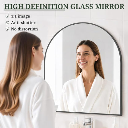 Arched Wall Mirror 32x31 Inch Black Bathroom Vanity Mirror with Metal Frame | Modern Arch Mirror for Bedroom, Living Room, Entryway, Wall Mounted Decorative Mirror