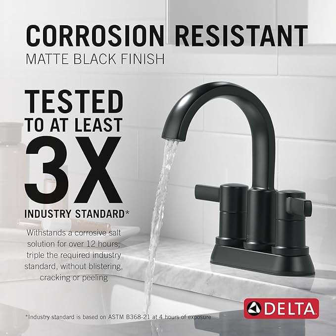 Delta Albion Centerset Matte Black Bathroom Faucet, 4 Inch 3 Hole Bathroom Sink Faucet for Vanity, Metal Push-Pop Drain Assembly, Matte Black 25855LF-BL
