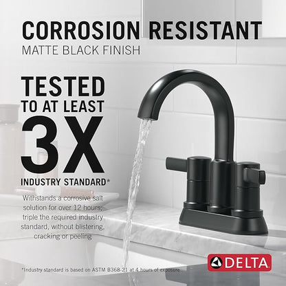 Delta Albion Centerset Matte Black Bathroom Faucet, 4 Inch 3 Hole Bathroom Sink Faucet for Vanity, Metal Push-Pop Drain Assembly, Matte Black 25855LF-BL