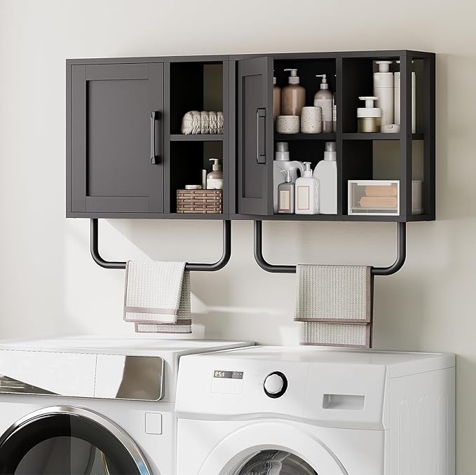 Medicine Cabinet, Bathroom Wall Cabinet with Towel Bar, Adjustable Shelf and Open Partition, Over The Toilet Storage Cabinet, for Bathroom, Laundry Room, Living Room, Kitchen, Black