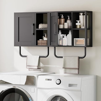 Medicine Cabinet, Bathroom Wall Cabinet with Towel Bar, Adjustable Shelf and Open Partition, Over The Toilet Storage Cabinet, for Bathroom, Laundry Room, Living Room, Kitchen, Black