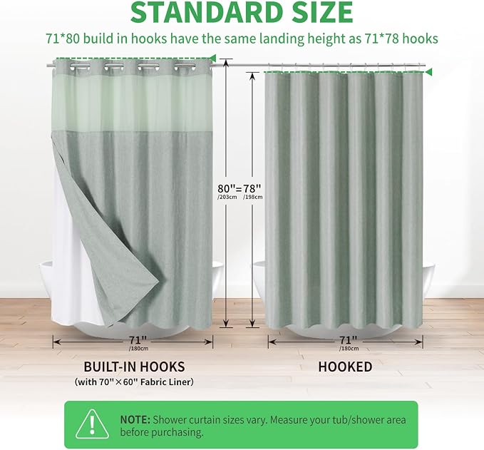 eachope No Hook Fabric Shower Curtain with Snap-in Liner,71x80 Sage Green | Linen Texture,230GSM Thick Fabric,Hotel Luxury Decor,Mesh Window,Bottom magnetic ,Waterproof & Machine Washable,for Bathroom