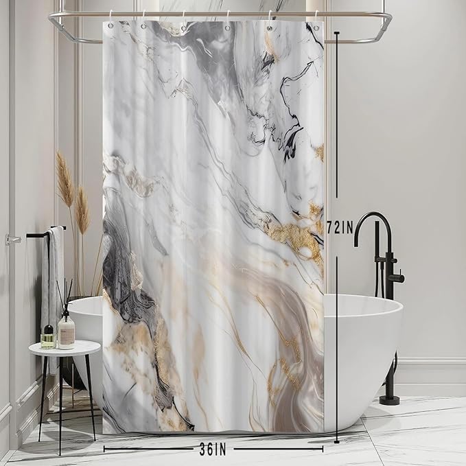 Stall Shower Curtain, Grey and White Marble Small Shower Curtain Modern Waterproof Shower Curtain Set with Hooks, 36x72 Inch