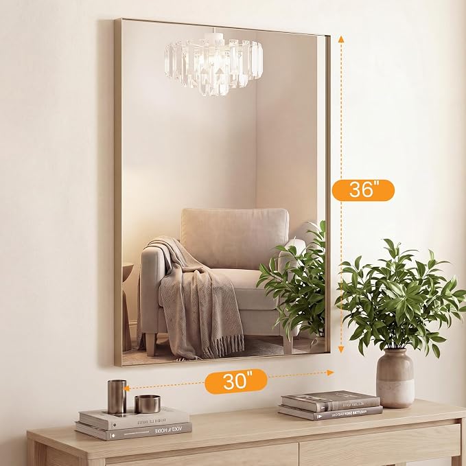 Sweetcrispy Bathroom Mirrors for Over Sink, 30" x 36" Rectangle Wall Mirror | Tempered Glass, Anti-Rust Metal Frame, Over Sink Home Decor, Modern Rectangle Style, Gold