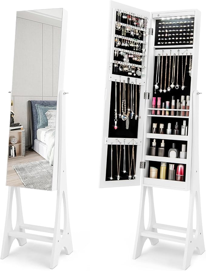 NAFORT Standing Mirror Jewelry Cabinet with 12 LED Lights, Large Storage Mirror Full Length, Jewelry Armoire with 3 Storage Shelves, 3 Angle Adjustments, White