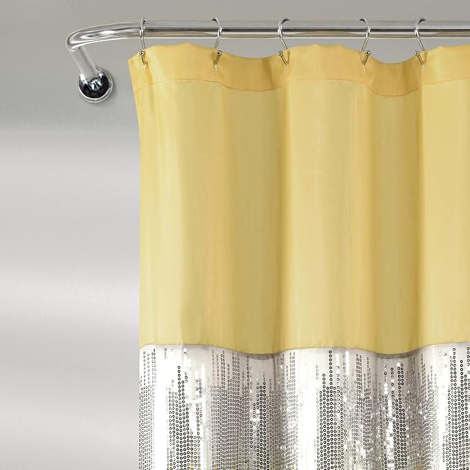 Lush Decor Night Sky Shower Curtain, Single, 72" W x 72" L, Yellow & Gray - Sequin Shower Curtain - Sparkly Color Block Bath Curtain - Modern Glam Bathroom Decor