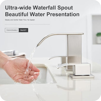 8 Inch Waterfall Bathroom Faucets 3 Hole - Brushed Nickel Widespread Bathroom Faucet with Pop-up Drain, Two Handles Bathroom Sink Faucet, Modern Vanity Sink faucets with Supply Lines