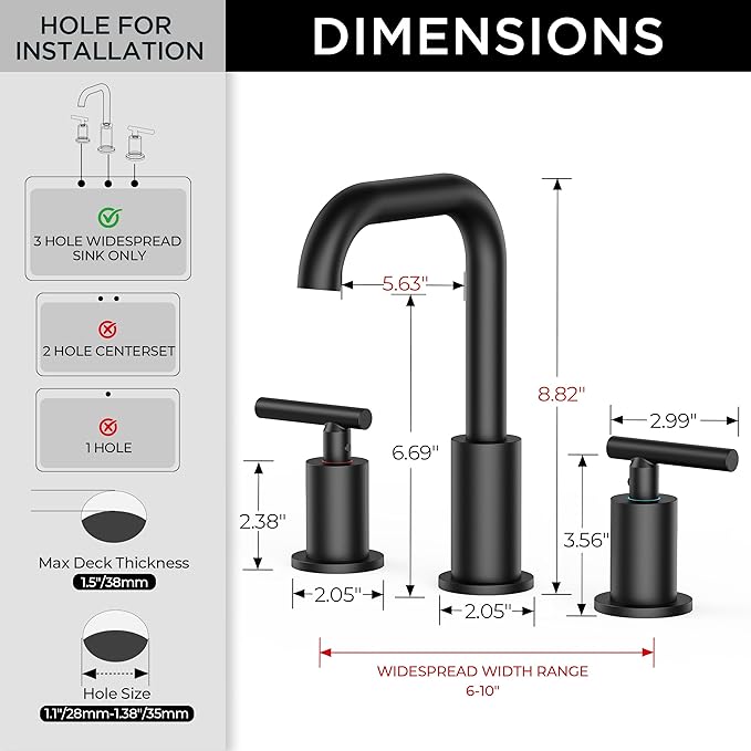 FORIOUS Matte Black Bathroom Faucet 3 Hole Widespread, 8 Inch Bathroom Sink Faucets Two-Handle with Pop Up Drain and Water Supplies for Vanity Restroom RV Lavatory Sink