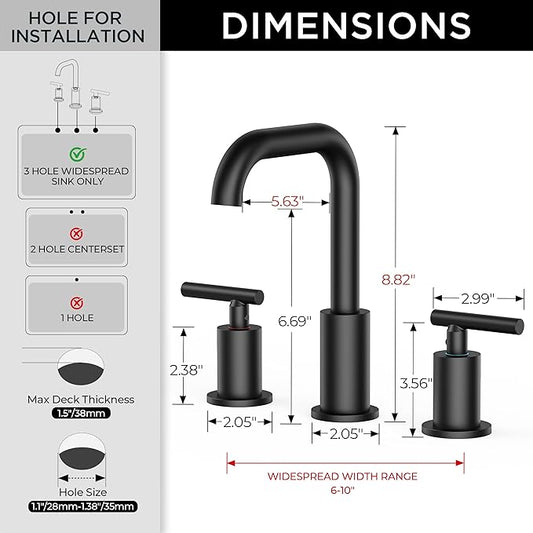 FORIOUS Matte Black Bathroom Faucet 3 Hole Widespread, 8 Inch Bathroom Sink Faucets Two-Handle with Pop Up Drain and Water Supplies for Vanity Restroom RV Lavatory Sink