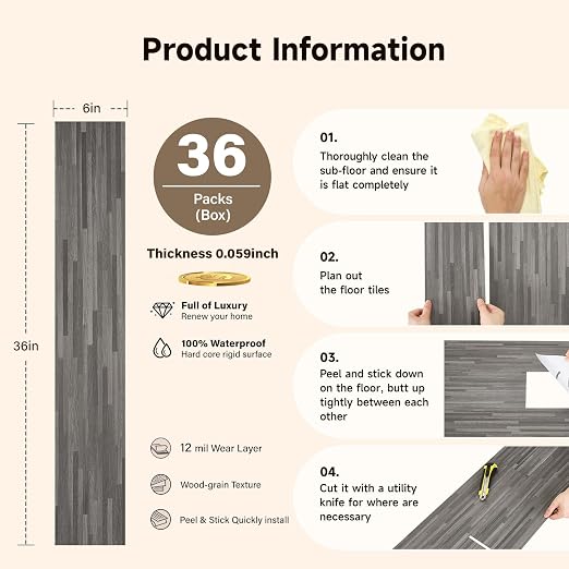 INMOZATA 36-Pack Peel and Stick Floor Tile Waterproof Vinyl Plank Flooring | 54 Sq.Ft, Heat-resistant, Wood Grain Self Adhesive Flooring for DIY Bedroom Living Room Bathroom Kitchen (Granite Gray)