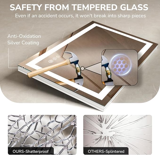 48x36 Inch LED Bathroom Mirror for Over Sink | Tempered Glass - Frameless Backlit Lighted Mirror for Bathroom Vanity with Anti-Fog, 3 Colors Dimmable, Memory Function