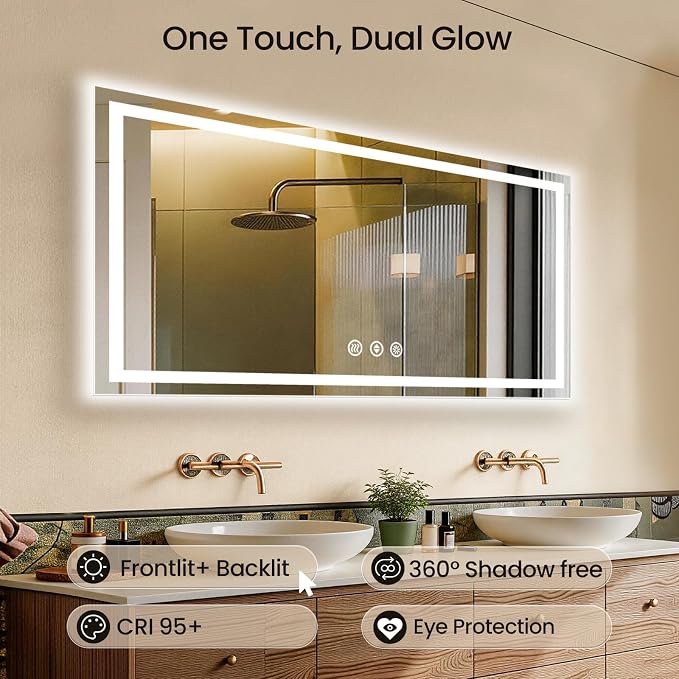 60x30 LED Bathroom Mirror with Anti-Fog, Backlit & Front Lit, Memory | Stepless Dimmable 3 Color CRI 95+ Shatterproof Tempered Glass ETL Listed for Safety Lighted Bathroom Vanity Mirror for Wall