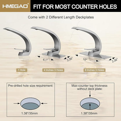 Brushed Nickel Bathroom Faucet,Modern Single Hole Bathroom Faucet,High Arc Brass Bathroom Sink Faucet with 1 Hole 3 Hole Mount 6-Inch 10-Inch Deckplate,Pop Up Overflow Drain Assembly Included