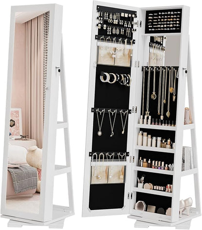 Bonnlo 360° Swivel Jewelry Mirror Cabinet with Inside Makeup Mirror,Full Length Mirror with Jewelry Storage, Lockable Standing Jewelry Armoire Organizer, Espejo Oon Almacenamiento for Bedroom,White