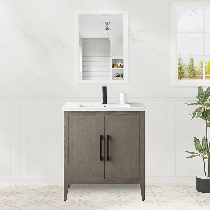 30 Inch Bathroom Vanity with Sink & Ceramic Top, Single Vanity Cabinet with Basin, Soft-Closing Doors & Matte Black Hardware, Driftwood Gray