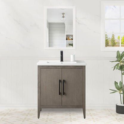30 Inch Bathroom Vanity with Sink & Ceramic Top, Single Vanity Cabinet with Basin, Soft-Closing Doors & Matte Black Hardware, Driftwood Gray