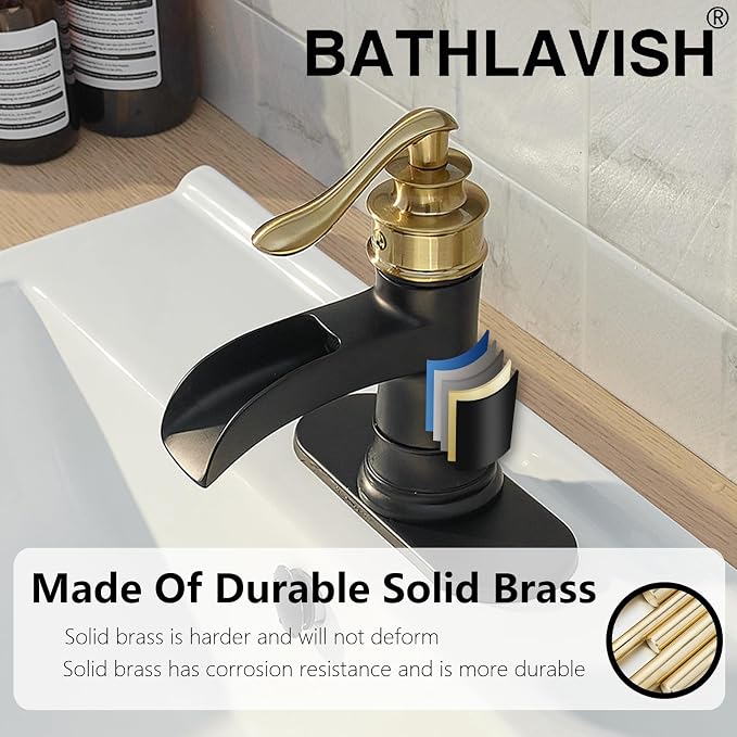 Bathroom Sink Faucet 3 Hole Double Handle Widespread Waterfall | Black and Gold,Solid Brass,8 Inch,Pop-up Drain,Control of Hot and Cold Water,Rust-Resistant,Corrosion Resistant, Long-Lasting