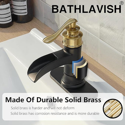 Bathroom Sink Faucet 3 Hole Double Handle Widespread Waterfall | Black and Gold,Solid Brass,8 Inch,Pop-up Drain,Control of Hot and Cold Water,Rust-Resistant,Corrosion Resistant, Long-Lasting