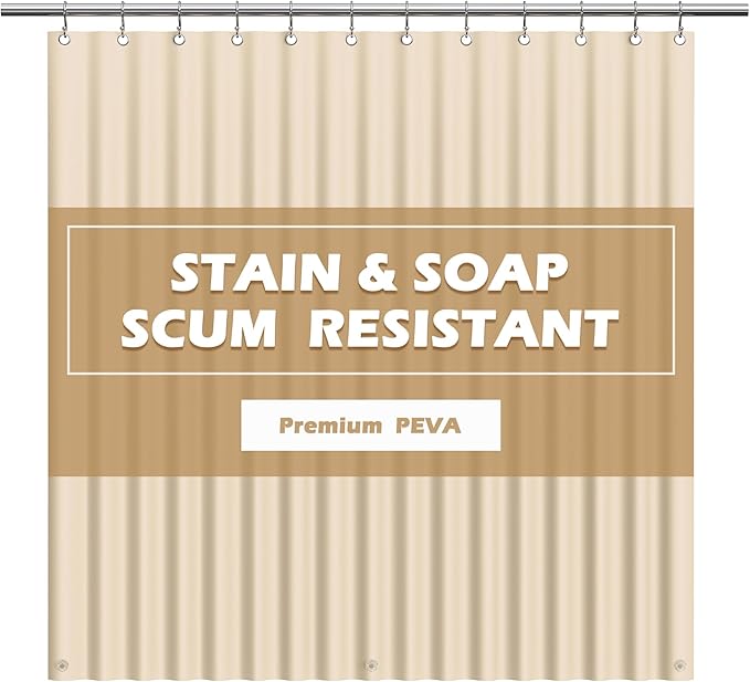 EHZNZIE Shower Curtain Liner Light Weight PEVA, Shower Liner 72x72 Inches, Waterproof, No Chemical Smell with 12 Rust Proof Metal Grommets for Bathroom Shower Curtain, Beige