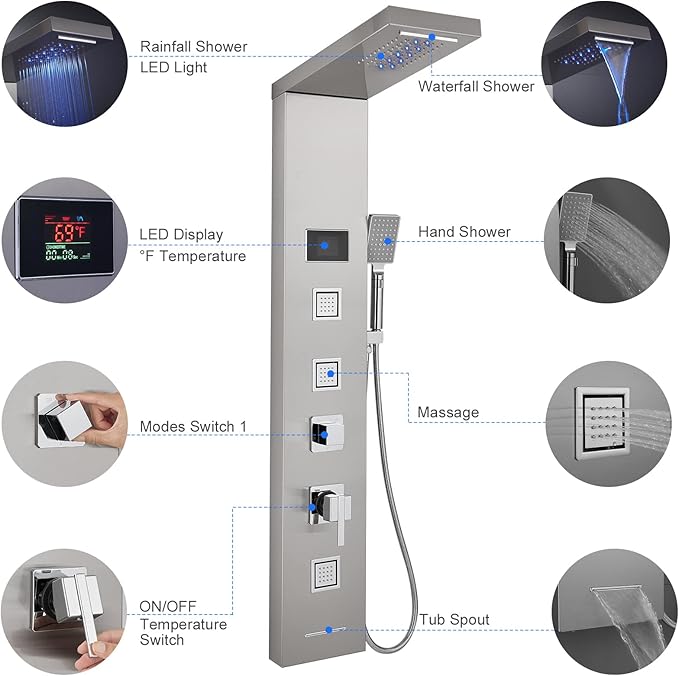 MENATT LED Shower Panel, 5-in-1 Shower Tower System, Rainfall & Waterfall Shower Head, Massage Jets, Tub Spout, Handheld Shower (Brushed)