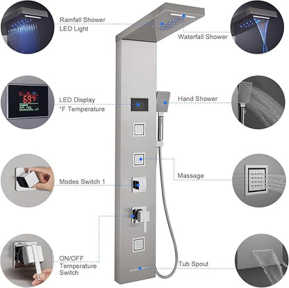 MENATT LED Shower Panel, 5-in-1 Shower Tower System, Rainfall & Waterfall Shower Head, Massage Jets, Tub Spout, Handheld Shower (Brushed)