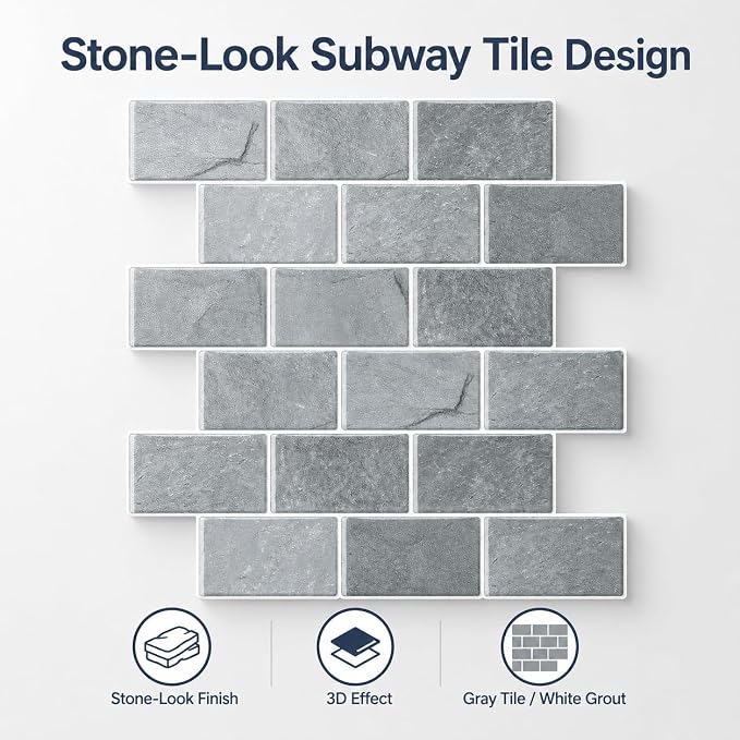 Peel and Stick Backsplash for Kitchen, Grey | 10 pack self‑adhesive tiles for backsplash, bathroom, or accent wall. Easy DIY install and wipeable. Covers approx. 10 sq ft.