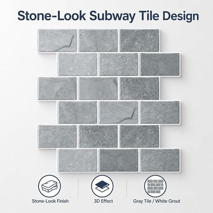 Peel and Stick Backsplash for Kitchen, Grey | 10 pack self‑adhesive tiles for backsplash, bathroom, or accent wall. Easy DIY install and wipeable. Covers approx. 10 sq ft.