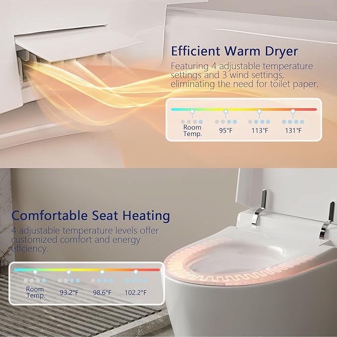 DeerValley Smart Toilet, One Piece Tankless Toilet with Built-in Bidet, 1.28GPF Auto Flush, Foot Kick, Warm Water, Heated Seat, Remote Control, 10" Rough-In Options
