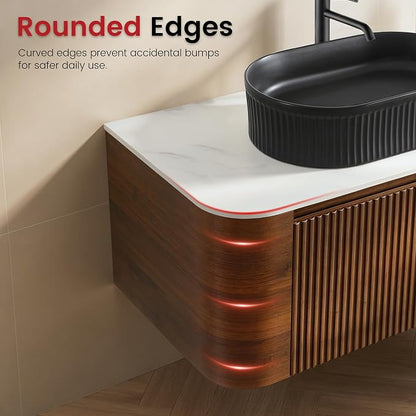 72" Floating Bathroom Vanity with Double Black Sink, Walnut | Pre-Assembled Fluted Wall Mounted Vanity with Ceramic Sink, Sintered Stone Countertop, Soft-Close Drawers & Towel Rack
