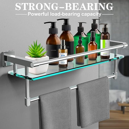 Bathroom Glass Shelf with Towel Rack Organizer Wall-Mounted Bathroom Storage SUS304 Stainless Steel Towel Bar/Track Wall-Mounted Tempered Glass Shelves (Chrome Polished, 20-inch)