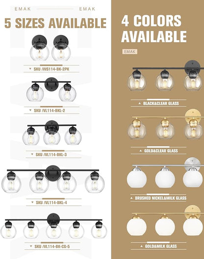 Emak 2-Light Black Bathroom Light Fixtures Over Mirror, Globe Bathroom Vanity Lights with Clear Glass Shade, VL114-BKL-2