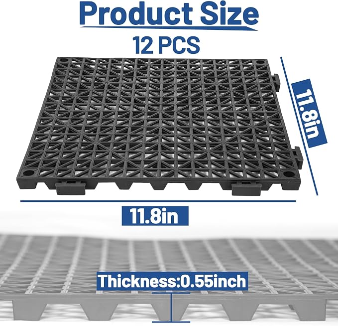 12Pcs Drainage Interlocking Floor Tiles 11.8" x 11.8", Modular Interlocking Cushion Soft PVC Floor Non-Slip Splicing Waterproof Mat for Drain, Pool, Shower, Patio, Balcony, Bathroom, Kitchen, Yard