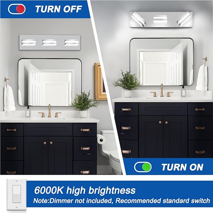 IZORRO LED Modern Bathroom Lights Fixtures(3-Light,Dimmable),Chrome Acrylic Wall Lighting,Vanity Lights for Bathroom Over Mirror - 6000k 16In （No Assembly Required）