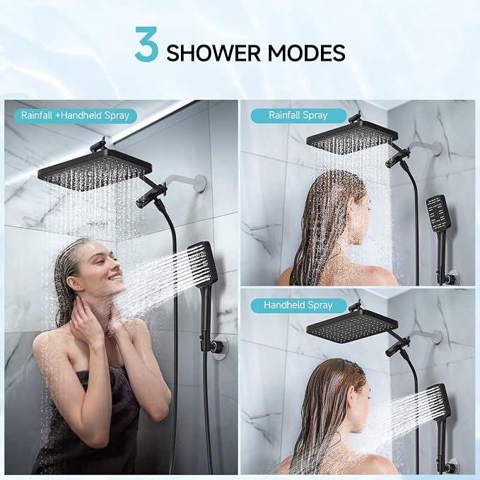 SR SUN RISE Rainfall Dual Shower Head with Adjustable Spray in Matte Black | High pressure double and tandem shower head set features a 12'' rainfall head, handheld spray, and adjustable angles.