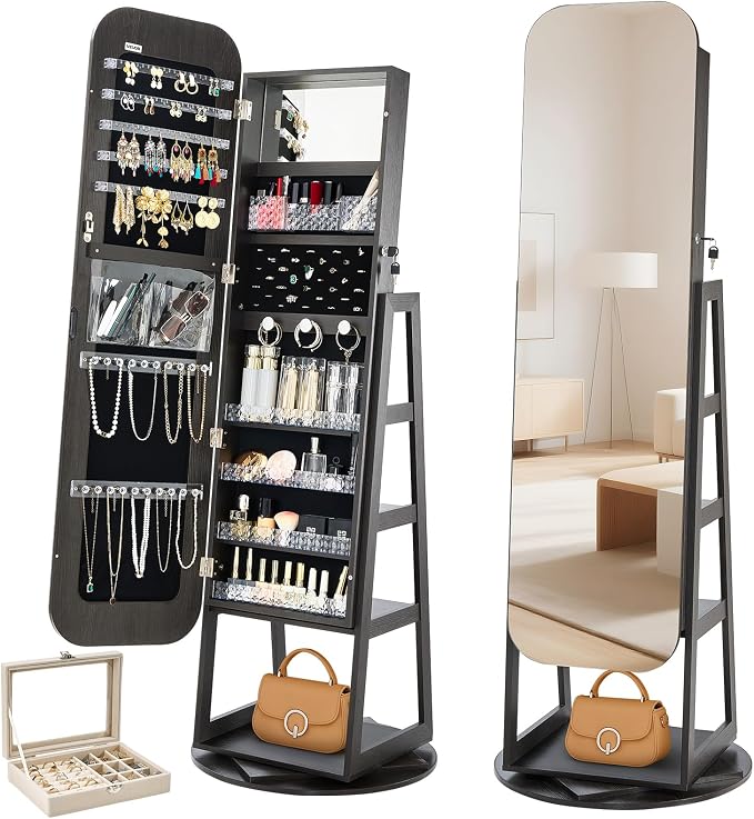 VEVOR 360° Swivel Jewelry Cabinet, 63-inch Tall, Full-Length Mirror with Storage, Standing Rotatable Jewelry Armoire Organizer, Lockable Door with 2 Keys, Accessory Pouches, and Storage Shelves