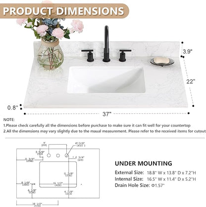 Ceres 37" Engineered Stone Vanity Top in Grain White with Single White Sink