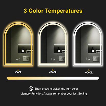 Arched LED Bathroom Mirror with Lights, 24" x 36" Lighted Vanity Mirror | Anti-Fog, Dimmable 3 Colors, Backlit + Frontlit, HD Shatterproof Tempered Glass, Memory Function