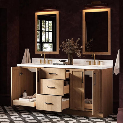 ARIEL Loren 72-inch Bathroom Vanity with Sink,Solid Wood, 1.5-inch Carrara White Quartz Countertop, Double Rectangular Porcelain Sink, 4 Soft Closing Doors, 3 Dovetail Drawers, Natural Oak