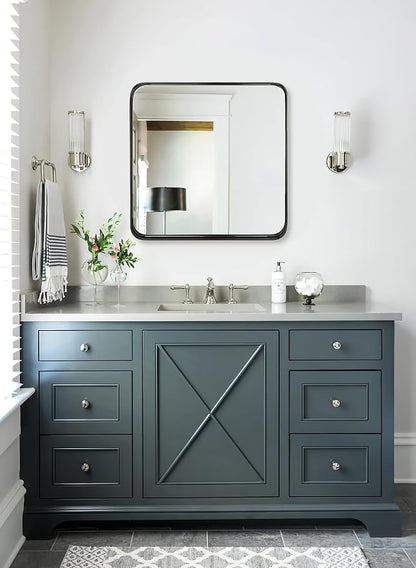 Square Wall Mirror for Bathroom, 24”x24” Matte Black Bathroom Mirror, Rounded Corner Metal Mirror in Premium Stainless Steel Frame Hangs Horizontal Or Vertical