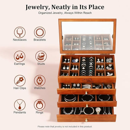 Large Wooden Jewelry Box with Mirror, 4 Layers Jewelry Organizer with 3 Drawers, Watches Necklace Ring Storage Box for Women