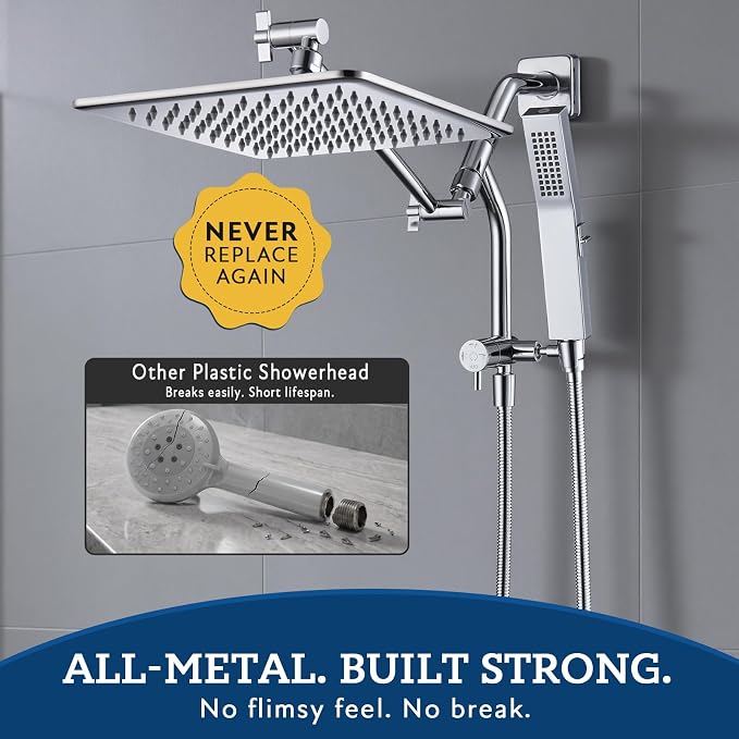 G-Promise 10 Inch All Metal Rain Shower Head with Handheld Spray (Chrome) | Full Body Coverage, Pause Mode Diverter, Power Wash Mode Handheld, Suits Every Height, Easy to Install, Modern Bath Upgrade