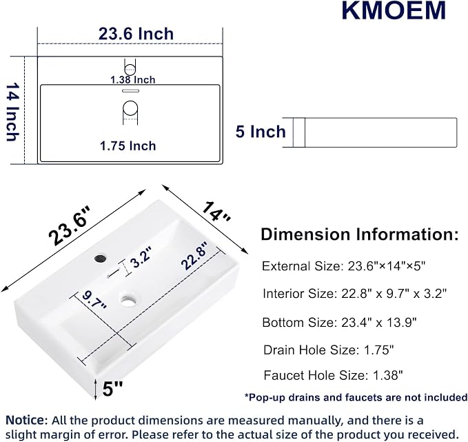 Wall Mount Bathroom Sink 24"x14" Small Vessel Sink Wall Mounted Rectangular Wall Hung Mini White Porcelain Ceramic Floating Tiny Sink with Overflow, Durable, Space-Saving, Ideal for Home,RV