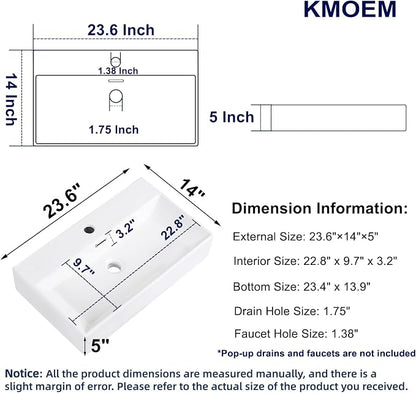Wall Mount Bathroom Sink 24"x14" Small Vessel Sink Wall Mounted Rectangular Wall Hung Mini White Porcelain Ceramic Floating Tiny Sink with Overflow, Durable, Space-Saving, Ideal for Home,RV