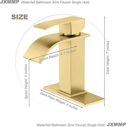 Waterfall Faucet for Bathroom Sink, Single Hole Bathroom Faucet Brushed Gold with Pop Up Drains and Deck Plate for 3 Hole Installation JXM122BG